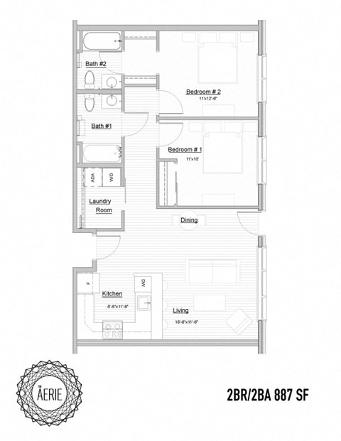Floor plan for 2 beds, 2 baths, 887 sqft